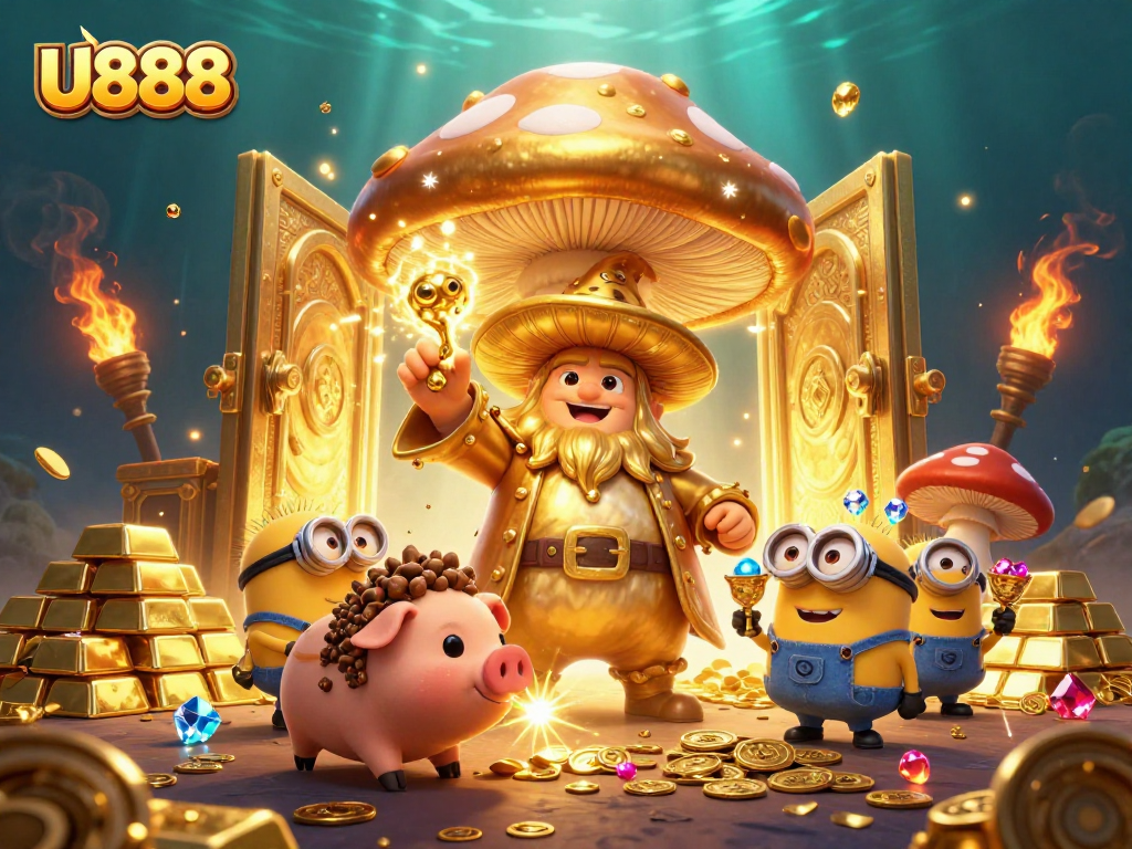 Experience the thrill of U888 with a magical golden wizard, treasure, and sparkling gems!