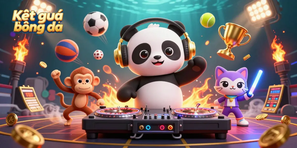Betting on Kết quả bóng đá with vibrant dynamic elements, featuring a DJ panda and lively characters.