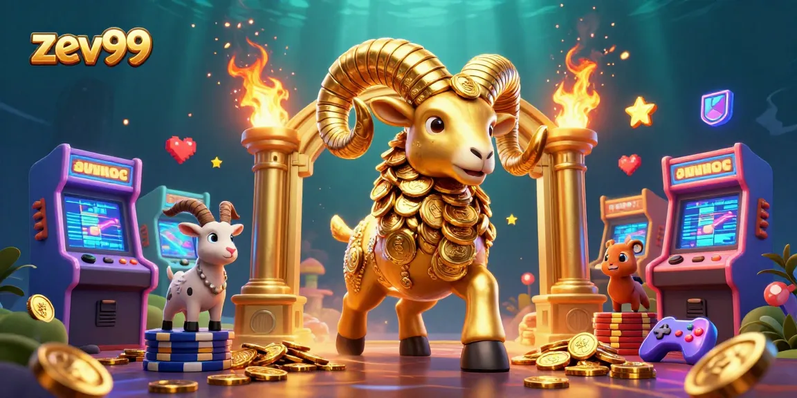 Engage with zev99's thrilling casino atmosphere featuring a golden ram amidst colorful gaming elements.
