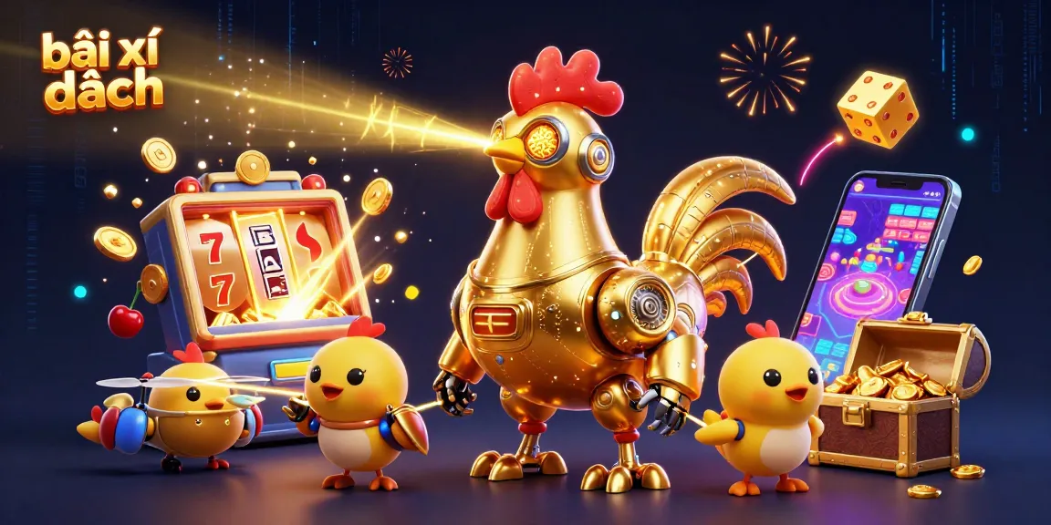 Play bài xì dách with a vibrant 3D scene featuring a golden rooster robot and dazzling casino elements.