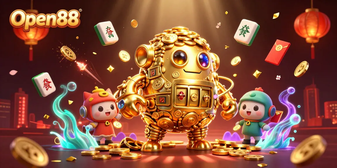 Open88 casino animation showcases vibrant golden golem surrounded by festive game elements, depicting thrilling betting action.