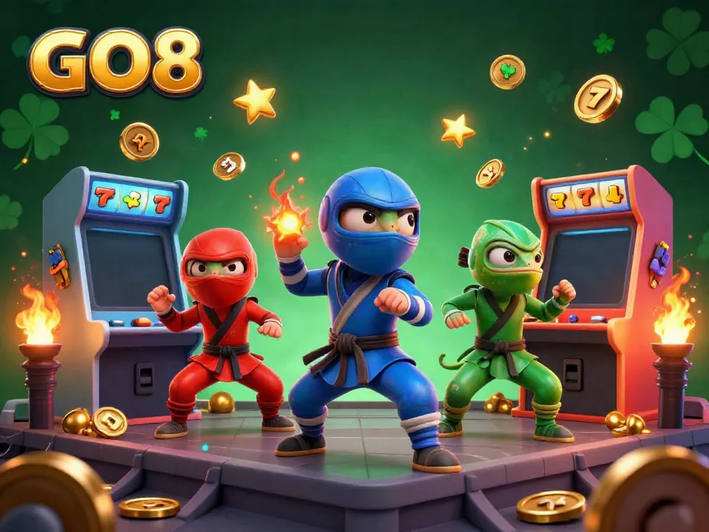 Engage with the GO8 casino scene featuring ninja chameleons, slot reels, and golden coins, illuminating excitement.