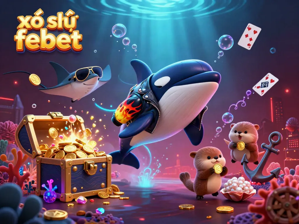 Experience the thrilling xổ số febet with vibrant characters and treasure amidst an underwater casino scene.