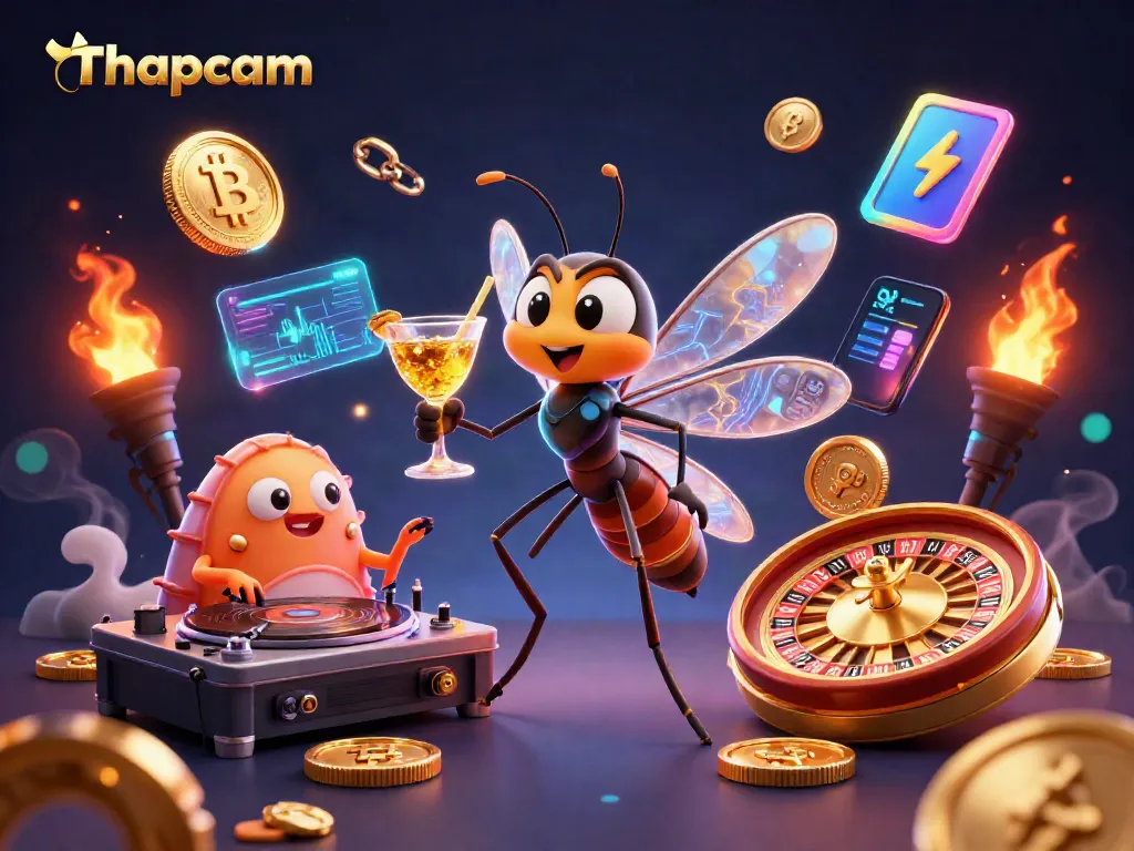 Experience Thapcam’s vibrant casino scene with a glowing cocktail and dinosaur DJ.