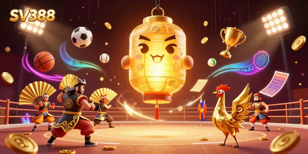 Experience the excitement of SV388 with a vibrant illustration of a golden lantern spirit above a cockfighting arena.