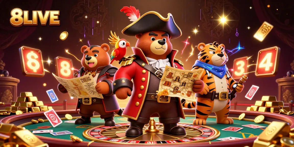 Engage in thrilling action at 8LIVE with a vibrant casino scene featuring pirate characters and roulette elements.