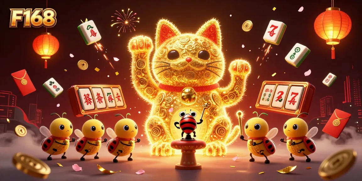 Experience F168's vibrant casino world with a lucky cat made of golden fireflies, enhancing your gaming thrill.