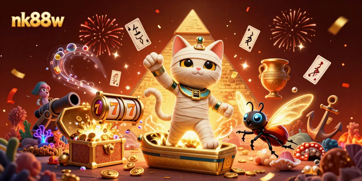 Engage in thrilling games at nk88w with vibrant Egyptian-themed visuals featuring a mummy cat and treasures.