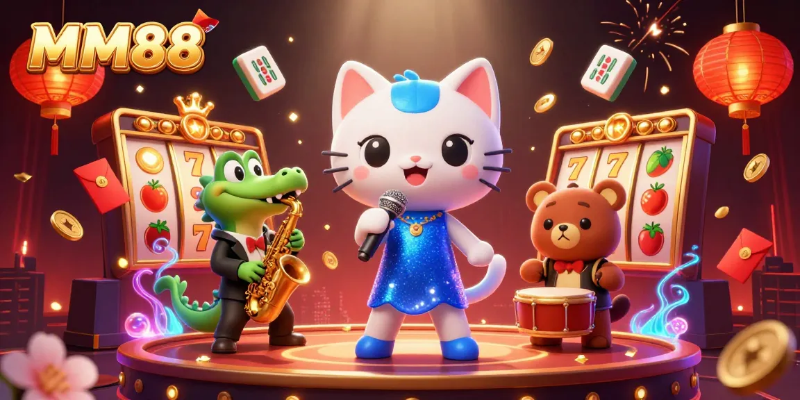 Engage in vibrant MM88 casino excitement with a lively scene featuring a jazz-singer cat, crocodile, and bear cub