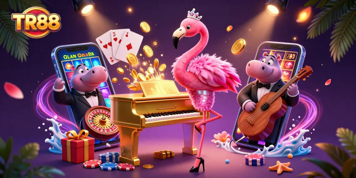 Engage in thrilling slots gameplay at TR88 with vibrant characters and lively casino atmosphere.