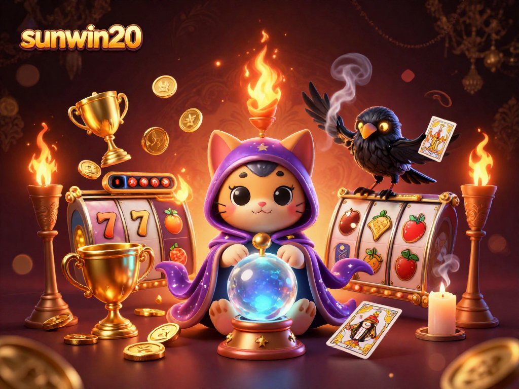 Engage with the exciting universe of sunwin20 featuring rich 3D illustrations of slots, mystical characters, and vibrant casino elements.