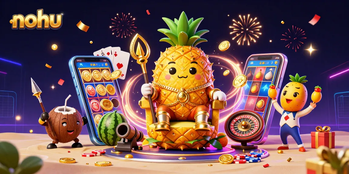 Nohus players spinning vibrant slot reels while golden coins shower around an exciting casino scene.