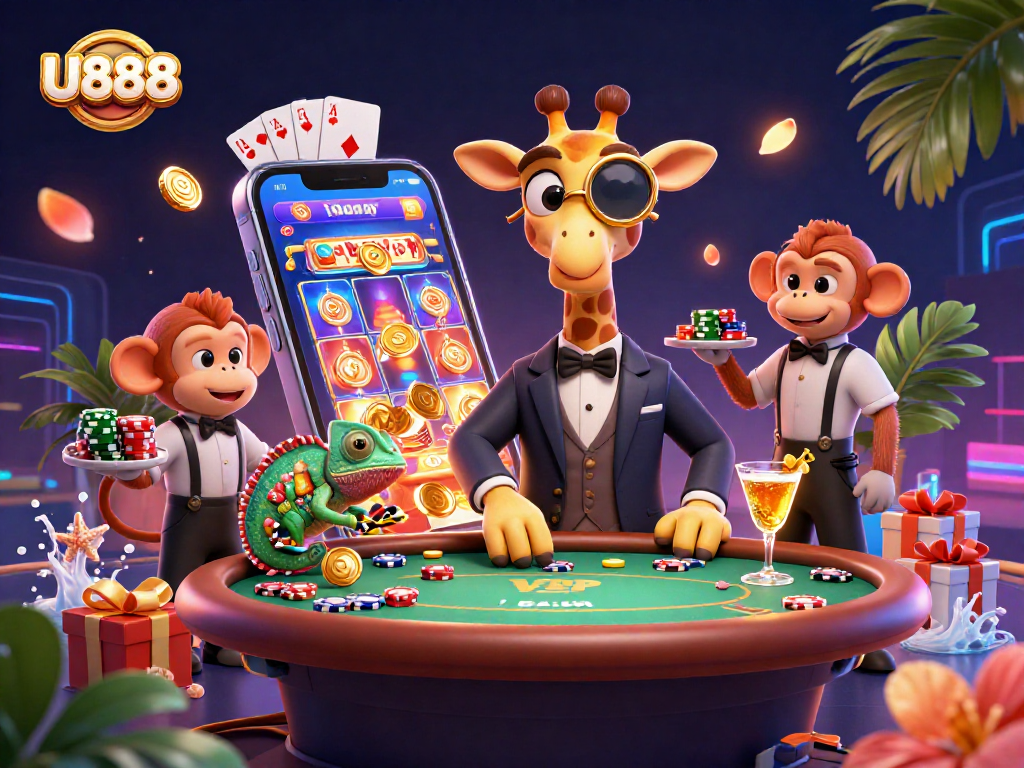 Experience winning moments with U888 at a vibrant casino table featuring unique characters and games.