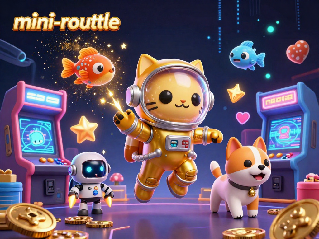 Spin the mini-roulette wheel with engaging visuals of an astronaut cat and a robot dog in an exciting 3D scene.