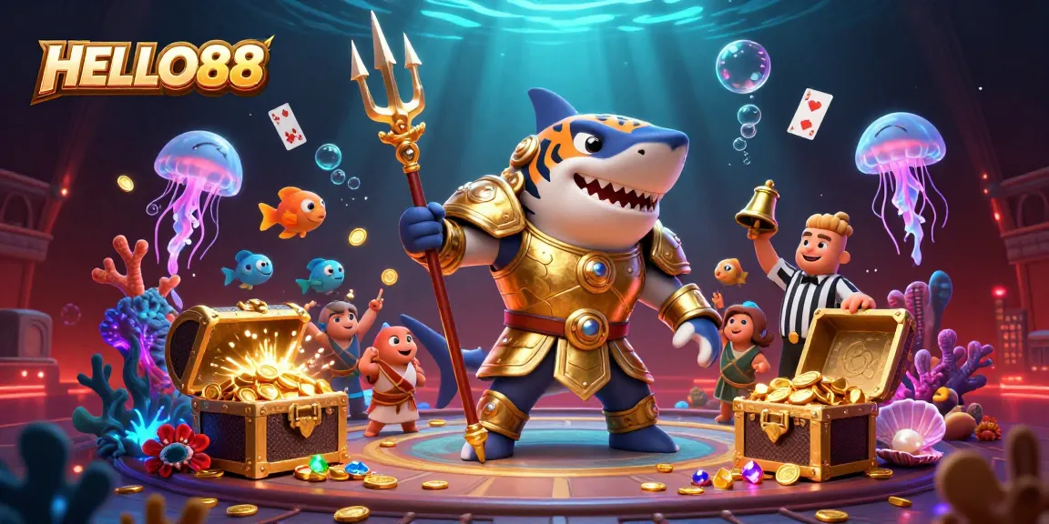 HELLO88 showcases a thrilling underwater colosseum with a tiger shark hero, engaging in casino-themed action.