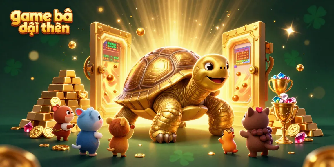 Experience excitement with game bài đổi thưởng in this vibrant 3D illustration featuring a golden tortoise and treasures.