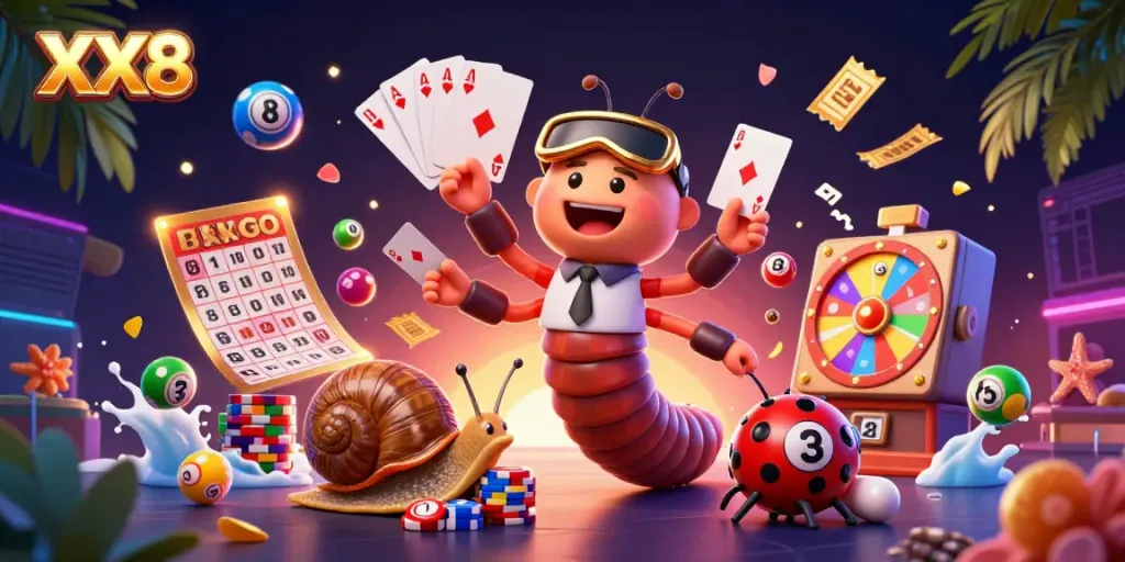 Engaging XX8 casino scene with a millipede dealer and colorful lottery elements promoting gaming excitement.
