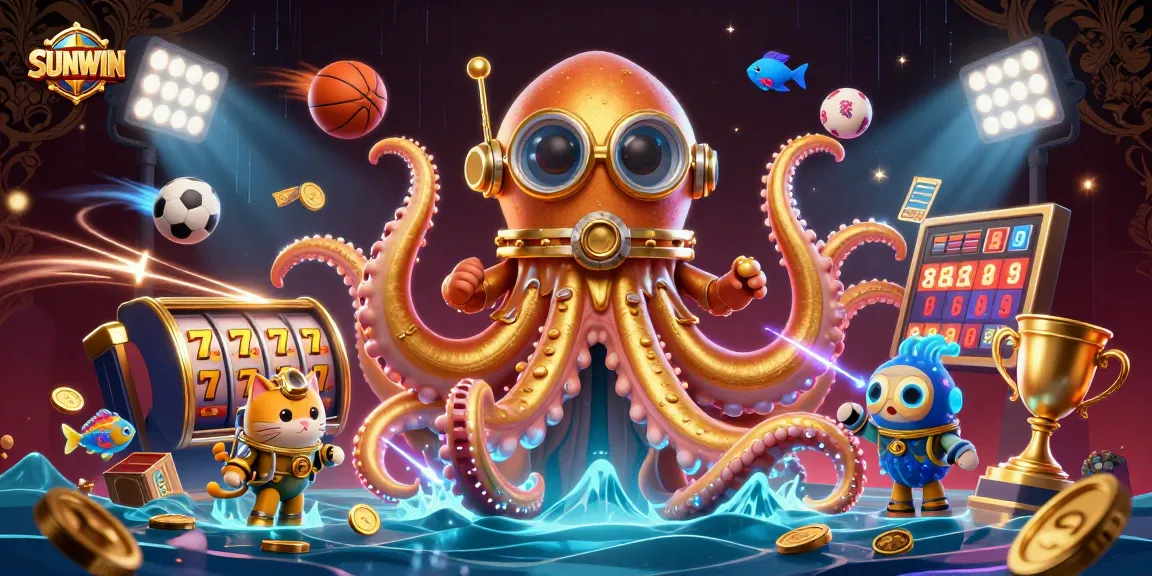 SUNWIN features a colossal 3D kraken and diving cat interacting amid vibrant casino elements.