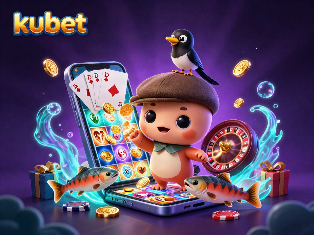 Kubet engages players with a cheerful baby Nessie and her wealth-obsessed magpie in a lively casino scene.