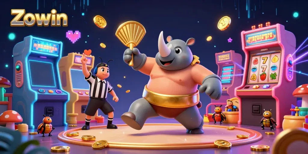 Engage in thrilling slot gameplay with Zowin featuring vibrant characters and colorful casino elements.
