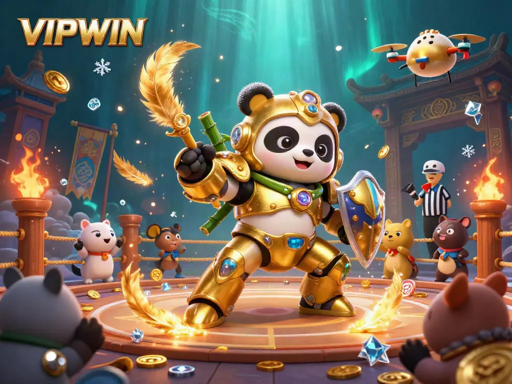 Engage in thrilling gameplay at VIPWIN with a golden panda piloting a bamboo robot in an exciting casino arena.