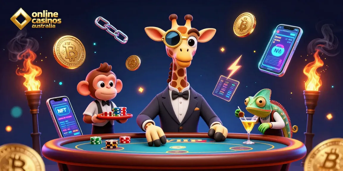 Engage in online casinos Australia with a high-roller giraffe at a VIP poker table amidst crypto elements.