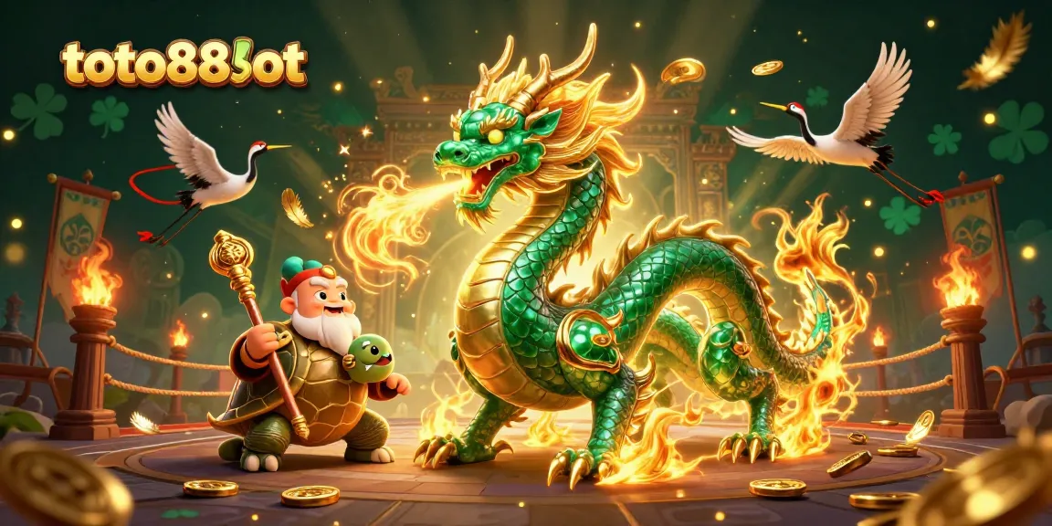 Experience thrilling gameplay at toto88slot with a vibrant 3D illustration of a jade dragon amidst dramatic gambling elements.