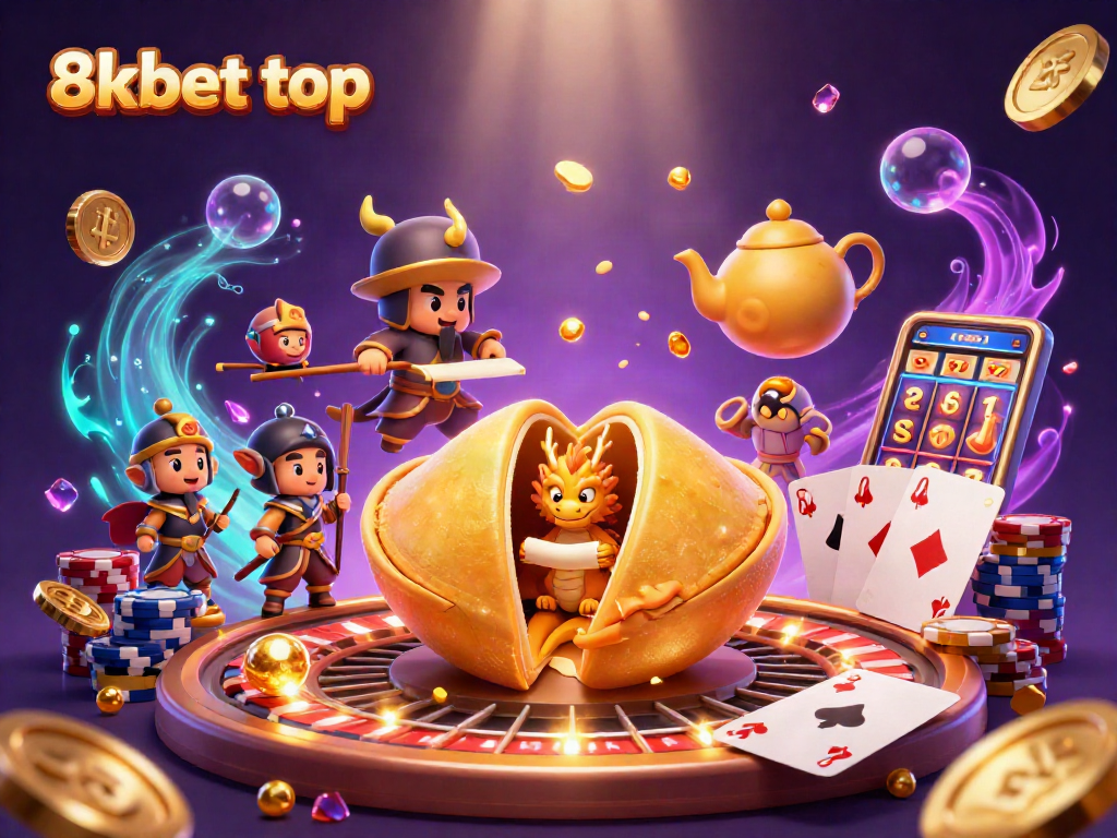 Win big at 8kbet top with an illustration showcasing dragon fortune and casino games.