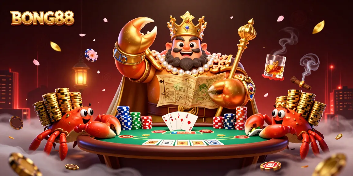 Experience thrilling gameplay at BONG88 with a golden crab emperor leading a vibrant casino scene.