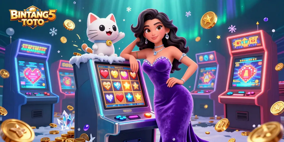BINTANG5TOTO showcases a stunning 3D scene of a jackpot-winning slot machine and lively characters in a vibrant casino.