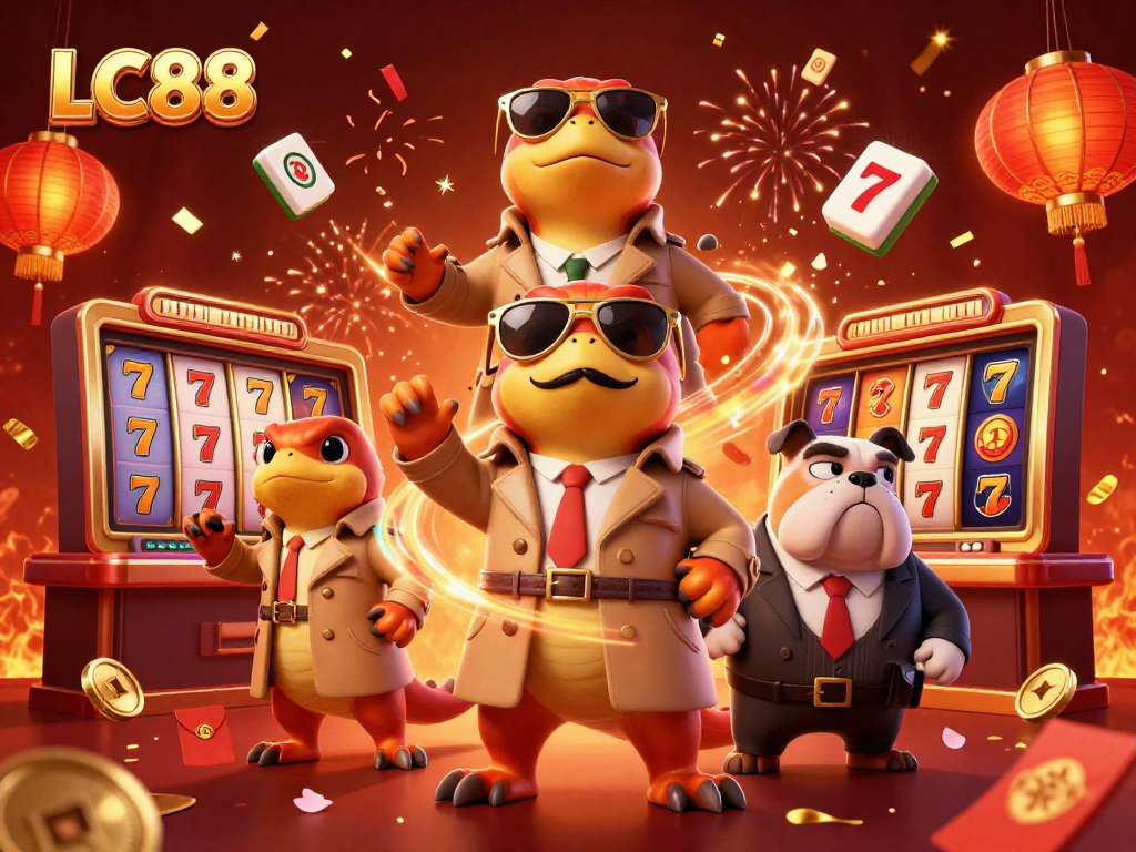 Experience the excitement of LC88 with cartoon raptors entering a VIP lounge amidst dynamic casino elements.