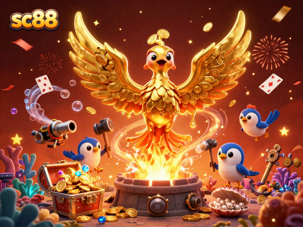 Experience thrilling wins with sc88's 3D cartoon golden phoenix and treasure-filled casino adventure.