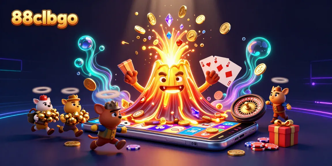 Win big with 88clbgo at the casino, featuring a golden volcano and treasure-filled scene.