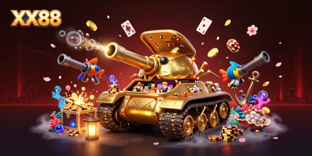 Experience the thrill of winning at XX88 with a fun-filled 3D casino scene showcasing dynamic gaming elements.