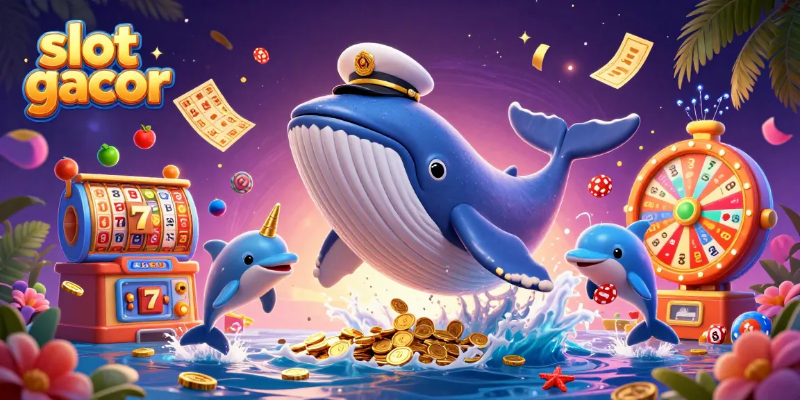 Experience a vibrant scene of slot gacor elements with a whale and dolphins in a dynamic casino atmosphere.