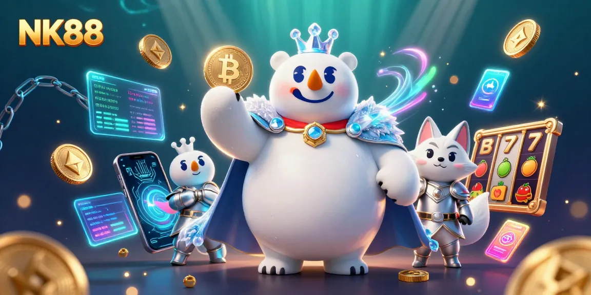 Experience thrilling gaming with NK88's dynamic 3D casino scene featuring engaging characters and slot elements.