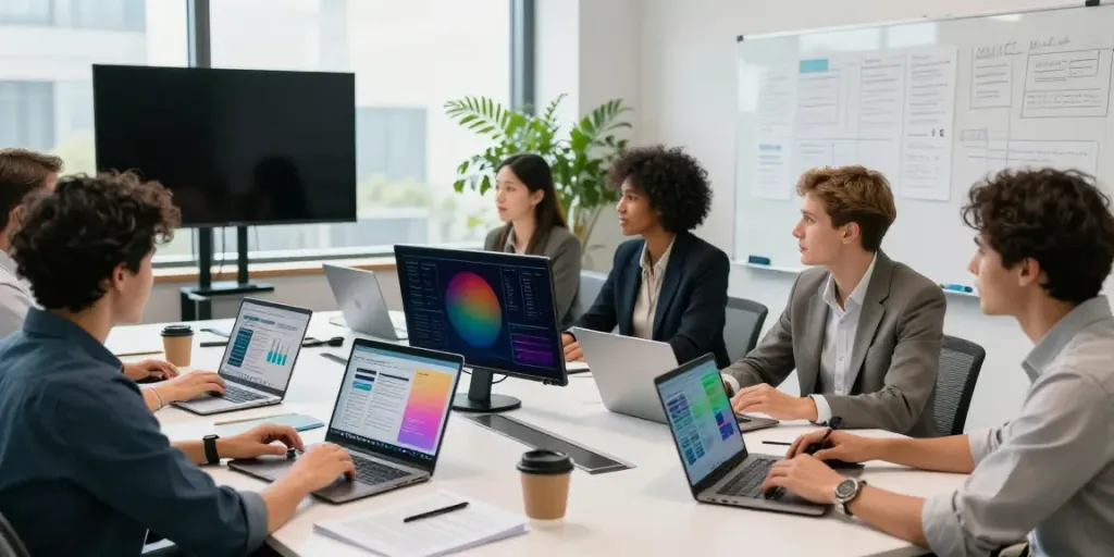 Team collaborating on software-sponsored content UK in modern office