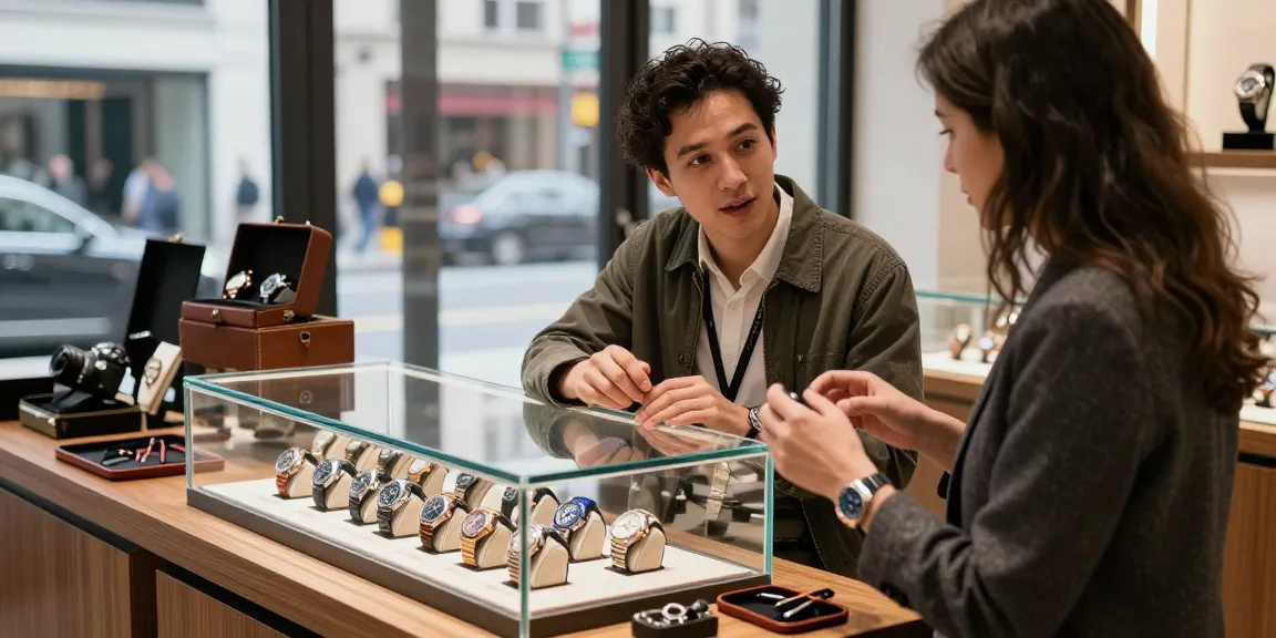 Engaged shopper evaluating super clone watches in stylish boutique.