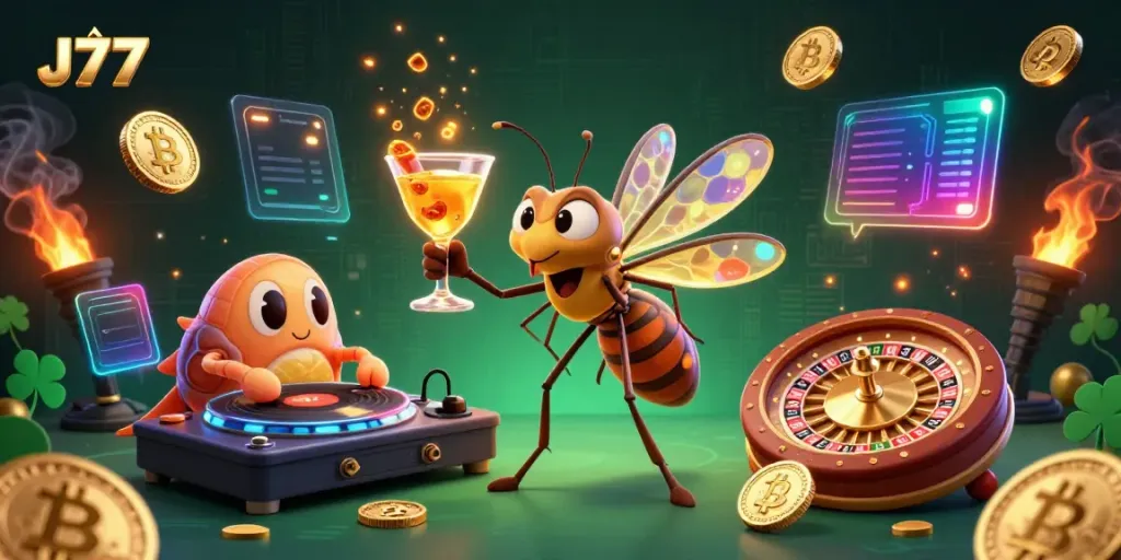 Experience the excitement of J77 casino with a vibrant 3D illustration showcasing unique characters and gaming elements.