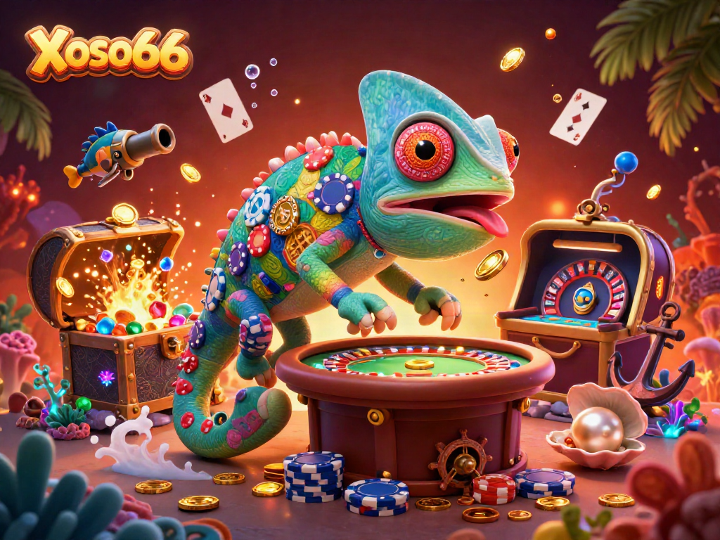Xoso66 transforms gaming excitement with a vibrant chameleon and dynamic casino elements.