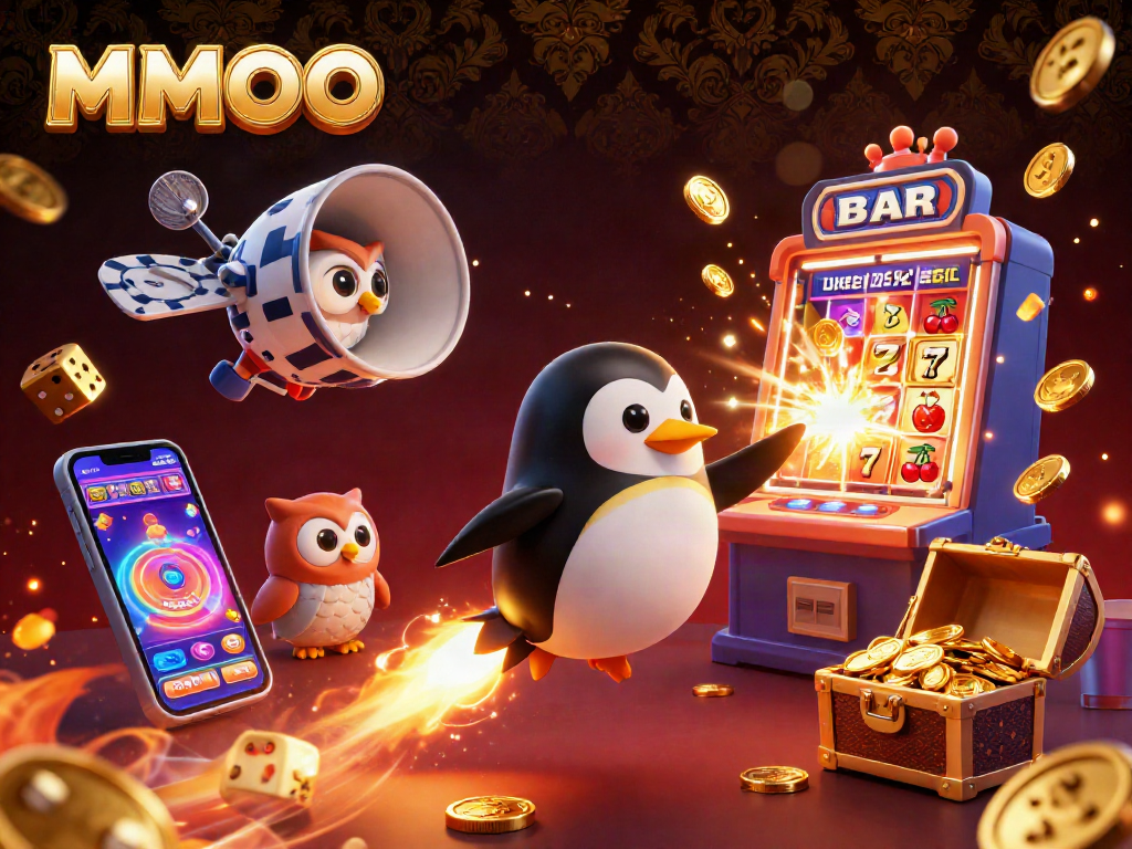 Experience the captivating MMOO universe as a golden penguin jets through space with casino treasures.