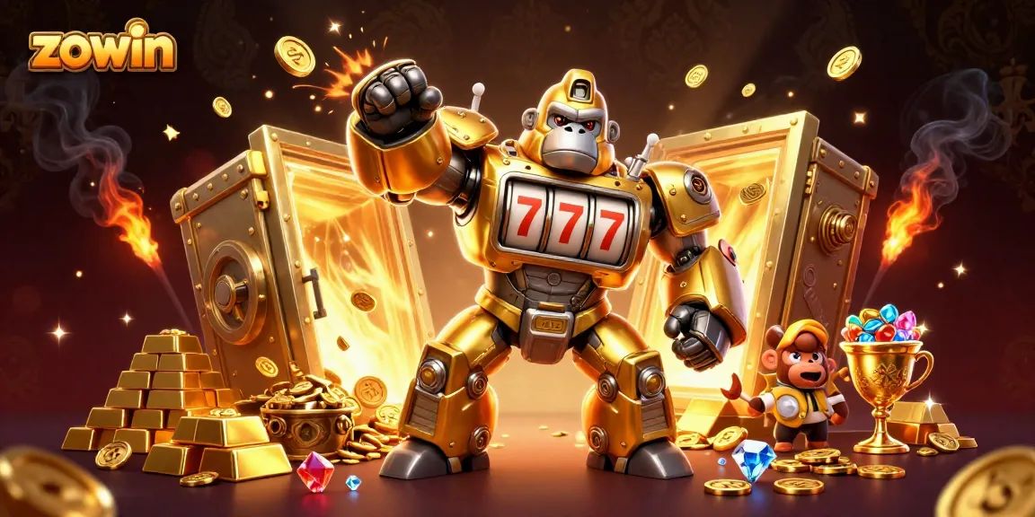 Zowin’s golden gorilla mech triumphantly showcases thrilling jackpot action with coins exploding and sparkling treasures.