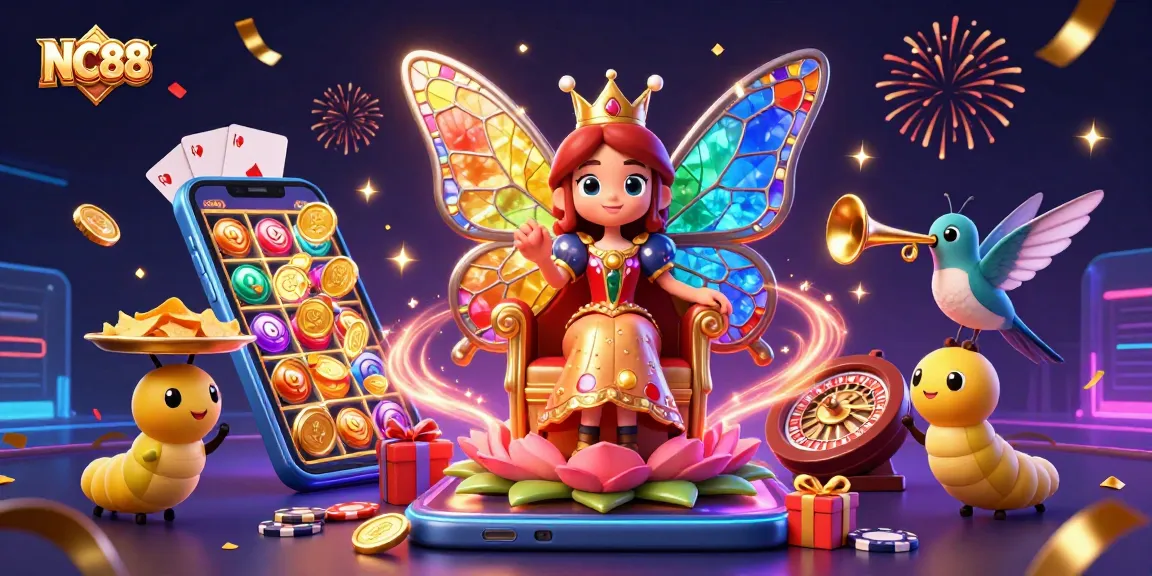 Experience thrilling gameplay at NC88 with vibrant 3D illustrations, showcasing dynamic casino elements such as slot games and poker chips.