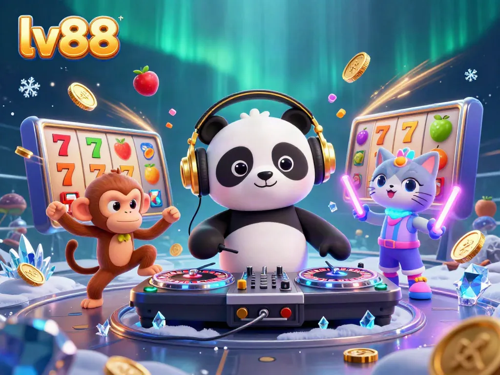 Experience the excitement of lv88 casino with a DJ panda, breakdancing monkey, and rave kitten amidst vibrant slot elements.