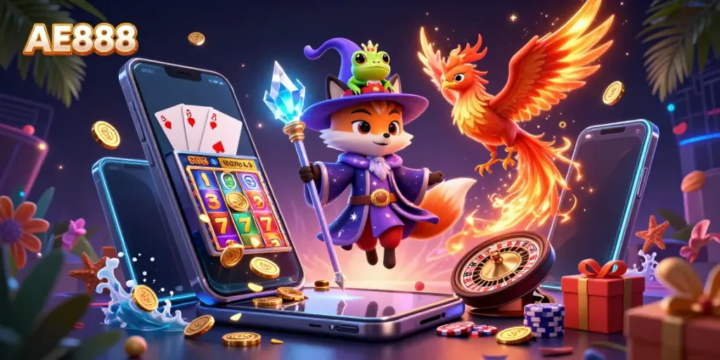 Experience the thrilling games at AE888 featuring a mystical wizard fox with vibrant casino elements.
