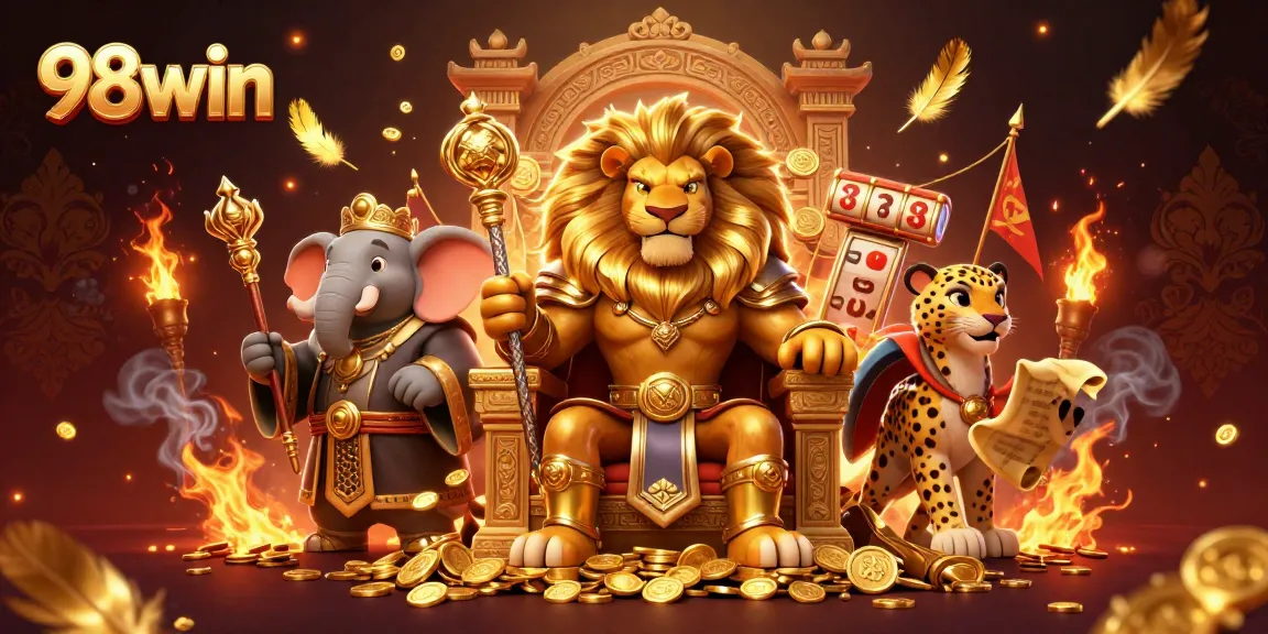 A fierce lion king and allies promoting slots at 98win, complete with gold coins and a dynamic background.