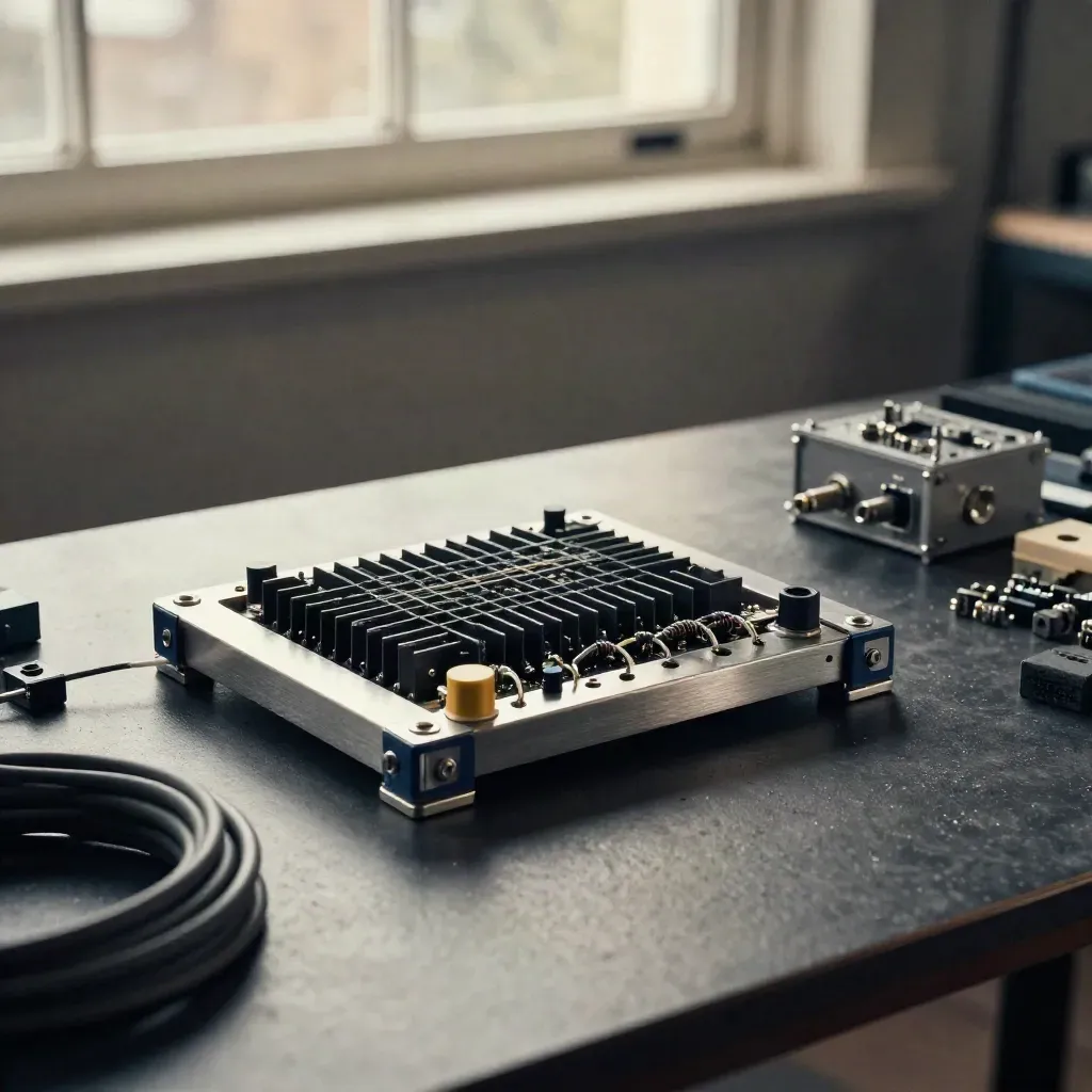 Brushed-aluminum rack module with braided cables and couplers on a dark studio bench.