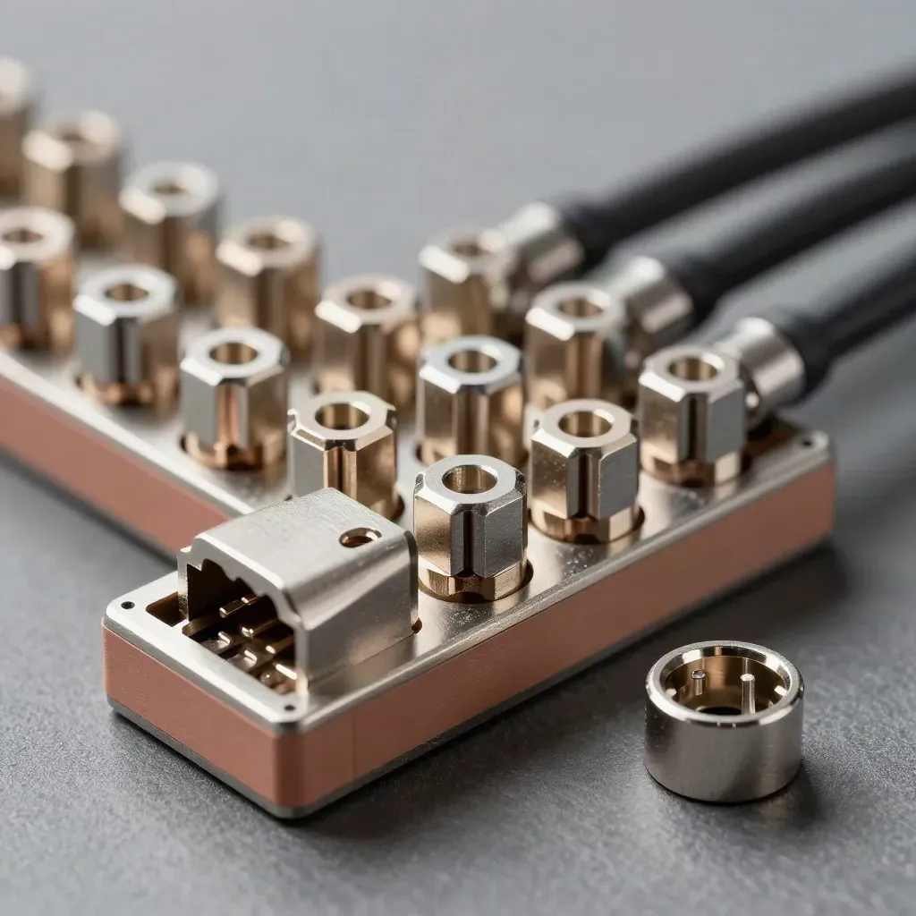 Macro of linked metal cable ferrules, dock plates, and pins on slate-gray surface.