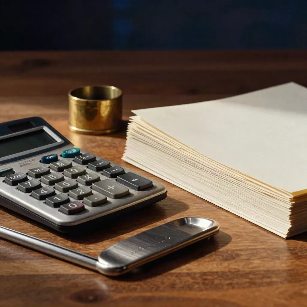 Calculator, brass paperweight and face-down reports on a walnut surface in dramatic light.