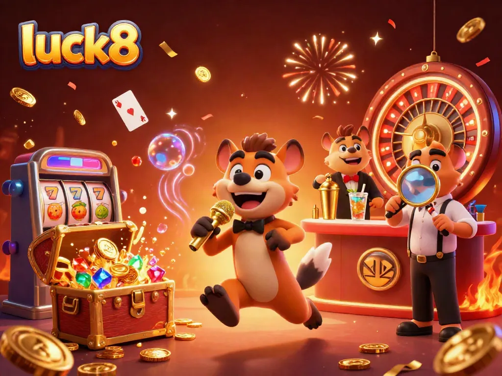 Experience a lively comedy casino scene at luck8 with hyenas, slot machines, and festive confetti.